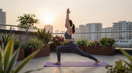 Woman Practicing Yoga in Sunset Over Urban Rooftop Garden Landscape