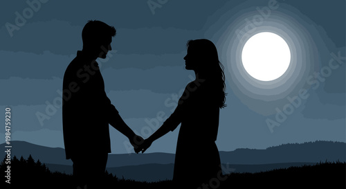 Silhouette of a loving couple holding hands under the moonlight.