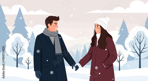 Young couple holding hands on a romantic winter walk.