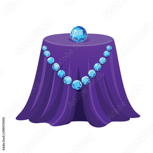Elegant blue gem display on draped table with sparkling jewels