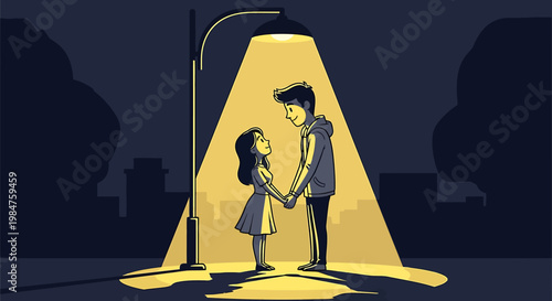 Young couple holding hands under a street lamp at night.