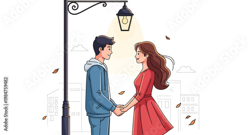 Young couple holding hands under a street lamp.