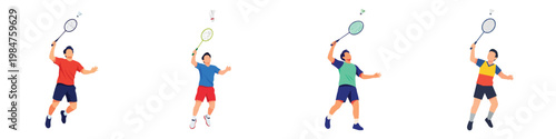 Illustration of four badminton players in action, showcasing different serves and strokes during a match on a white background