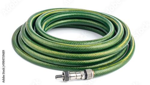 Coiled green garden hose w/ yellow stripes & metal connector on white