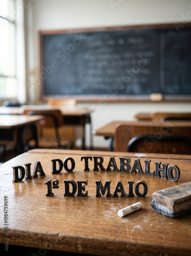 Dia do Trabalho classroom with chalk and duster