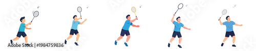 Badminton player in action demonstrating a series of serves and strokes in a sequence of movements
