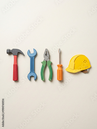Construction Tools and Hard Hat on Beige Background