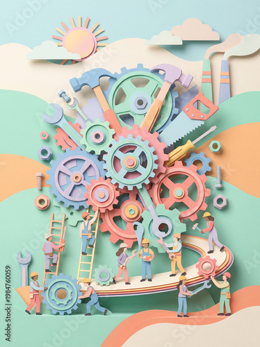 Paper Craft Workers Team Building Mechanism Art