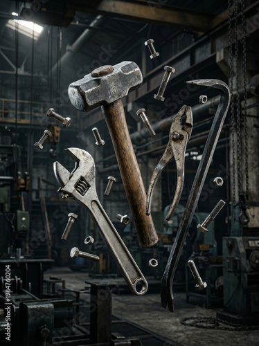 Assortment of Industrial Tools Floating in Dark Workshop