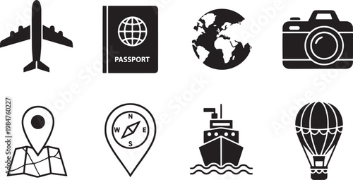 A black and white graphic design featuring travel-related icons. The design includes an airplane, a passport, a globe, a camera, a compass, a map, a ship, and a hot air balloon.