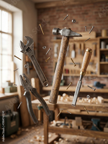 Carpentry tools floating in a workshop still life