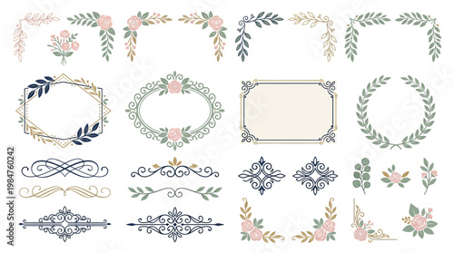 Collection of floral decorative design elements.