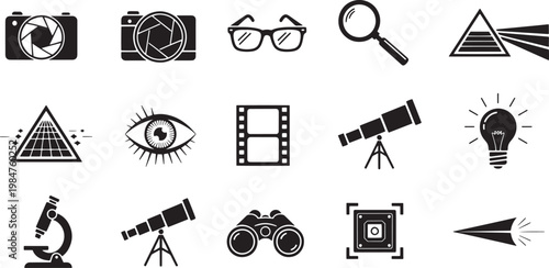 A collection of black and white icons related to photography, vision, and observation.