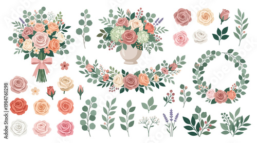 Colorful flowers and leaves arrangement.