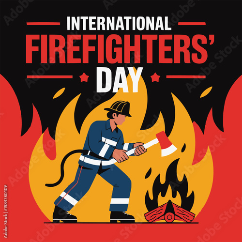 Brave firefighter holding an axe while working during a dangerous and hot blaze event