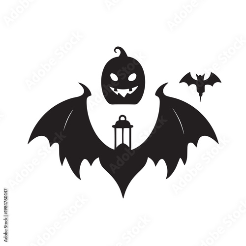 Halloween spooky bat with lantern and pumpkin head flying small bat isolated on white background black silhouette.