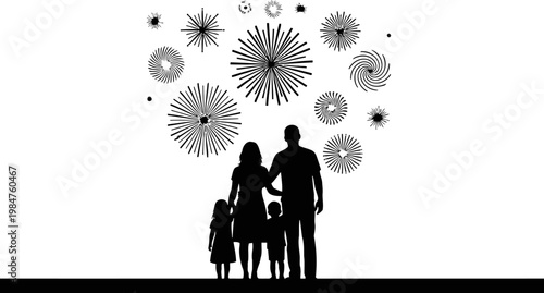 Parents and children watching fireworks silhouette.