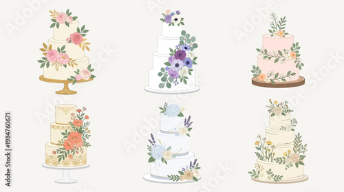 Wedding cakes with floral decorations.
