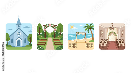 wedding ceremony church scene icons.