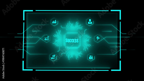 Принти на полотні Cyan abstract digital concept of a central glowing processor chip displaying the