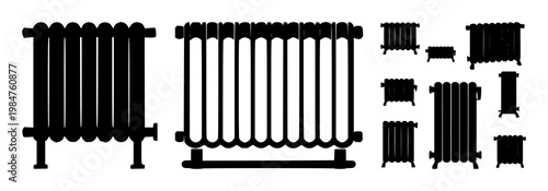 Radiator icon set with solid black silhouette on white background featuring heating, appliance, icon, thermostat with heat and energy