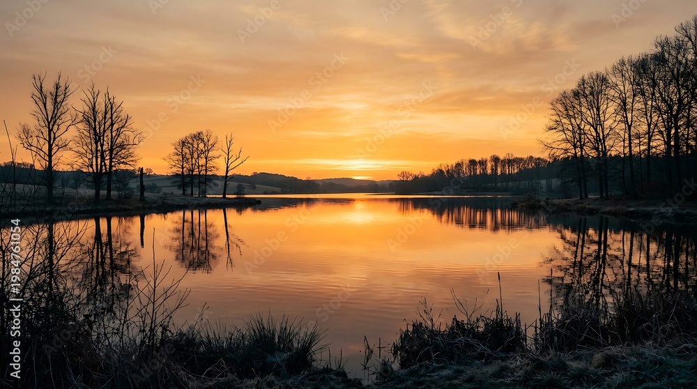 Obraz premium Serene lake reflects vibrant sunset sky with bare trees on the shoreline during twilight