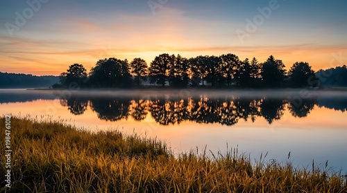 Wallpaper Mural Serene lake reflecting trees and warm sunrise colors during a foggy morning Torontodigital.ca