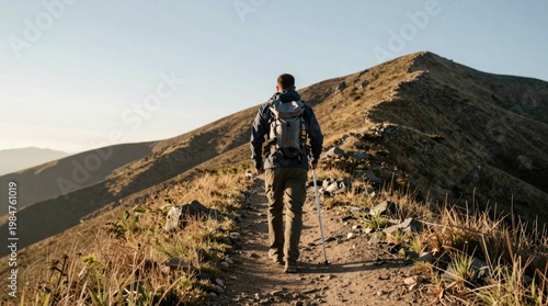 Hiker Walking on Scenic Mountain Trail in Early Morning Light