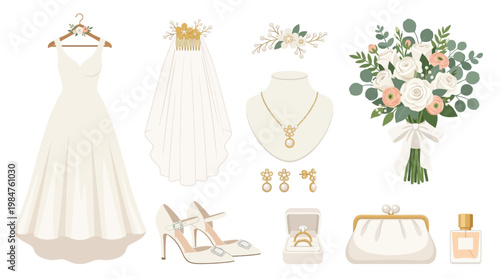 Wedding dress and accessories on display.