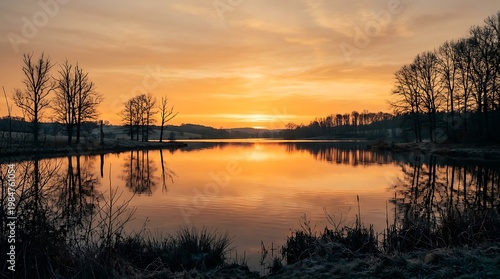 Wallpaper Mural Serene lake reflects vibrant sunset sky with bare trees on the shoreline during twilight Torontodigital.ca