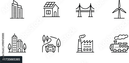 Hand drawn eco friendly city icon set with buildings, nature and renewable energy solutions, sketch style sustainable urban vector illustration collection