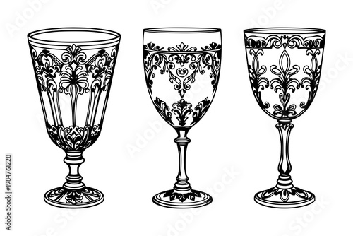 Ornate silver glass set with black line art on white background featuring detailed filigree, reflective surface, crystal with elegance and sophistication