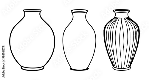 Ceramic vase set with modern curved shapes featuring stoneware, earthenware, pottery with black line art and minimalist design