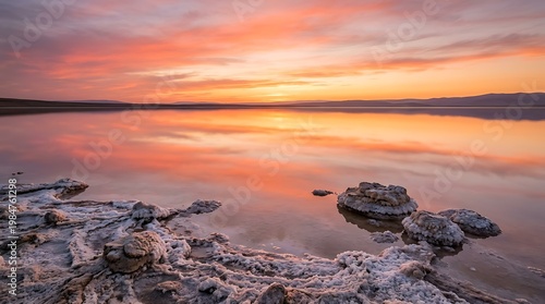 Wallpaper Mural Vibrant sunset paints the sky with orange and pink hues reflecting on a calm lake with textured shoreline rocks Torontodigital.ca