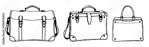 Vintage doctor's bag set with open leather satchel featuring medical equipment, healthcare, first aid with sketchy black line art and white background