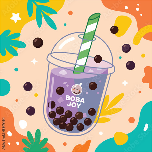 Kawaii Purple Bubble Tea Illustration with Tapioca Pearls