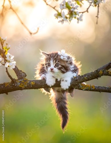 Kitten clinging precariously to a blossoming branch, bathed in golden sunlight