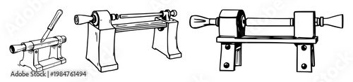 Wood turning lathe chisels set with sketchy line art featuring woodworking tools, lathe, chisel with black and white and outline