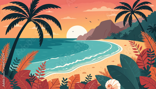 Tropical beach scene with palm trees at sunset on sandy shore