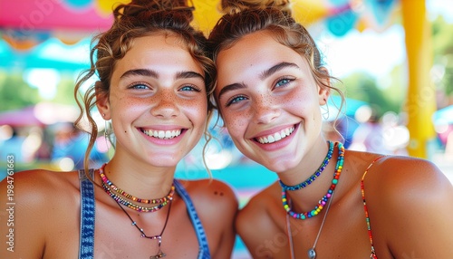 Two smiling teenage girls posing together in colorful outdoor setting, friendship and happiness concept, joyful lifestyle portrait with vibrant summer atmosphere
