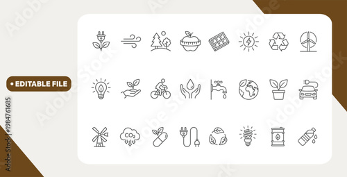 Ecology line icon set. Recycle, solar power, eco, nature, eco farming, green, environment, bio energy, clear water - stock vector.