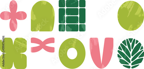 Brutalist geometric eco shapes set with organic textures, contemporary abstract forms in rewilding aesthetic modern vector design collection