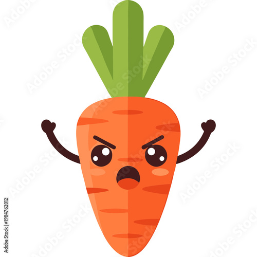 An angry cartoon carrot with green leaves and arms shows emotions