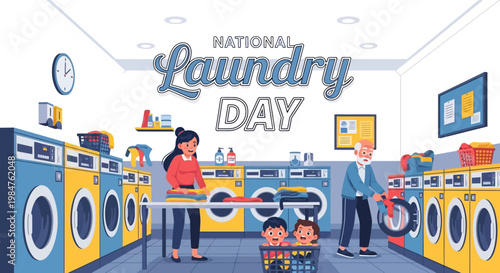 Vector illustration depicting National Laundry Day with a woman folding clothes on a table, a man pushing a laundry cart, and children in a basket, set in a brightly lit laundry room