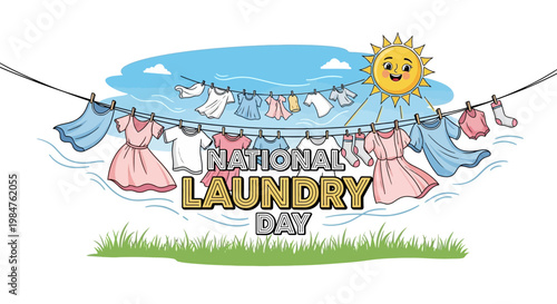 Vector art celebrates National Laundry Day, showcasing a clothesline strung with freshly washed garments against a bright sky with a smiling sun, conveying a clean and cheerful mood
