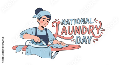 A woman is depicted ironing clothes on an ironing board in this vector illustration, celebrating National Laundry Day with a cheerful design against a clean white background