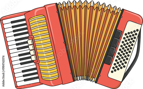 Colorful Vector Illustration of a Classic Red Accordion with Detailed Bellows and KeysColorful Vector Illustration of a Classic Red Accordion with Detailed Bellows and Keys