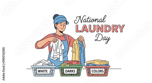 A woman sorts laundry into color-coded baskets in an illustration celebrating National Laundry Day, showcasing household chores with a washing machine cycle concept and promoting clean