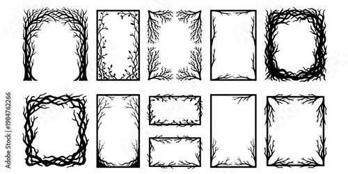 Spooky bare tree branch frames set, 11 gothic forest border vectors, black silhouette twig and thorn decorative frames for Halloween invitations