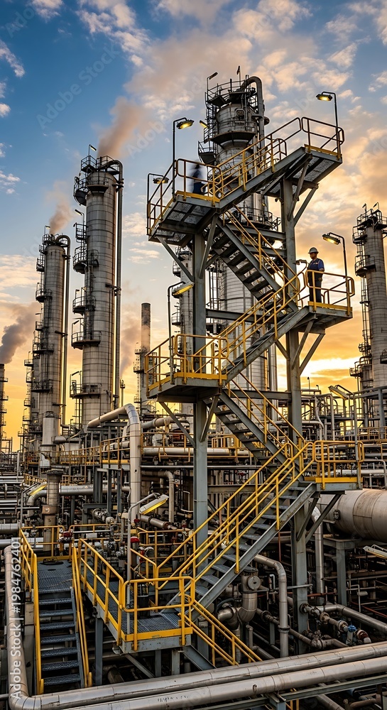 Fototapeta premium Industrial factory complex at sunset.